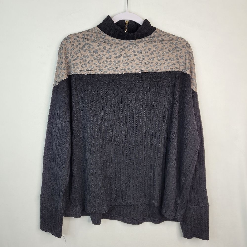 POL Charcoal & Leopard Print Colorblock Mock Neck Sweater M